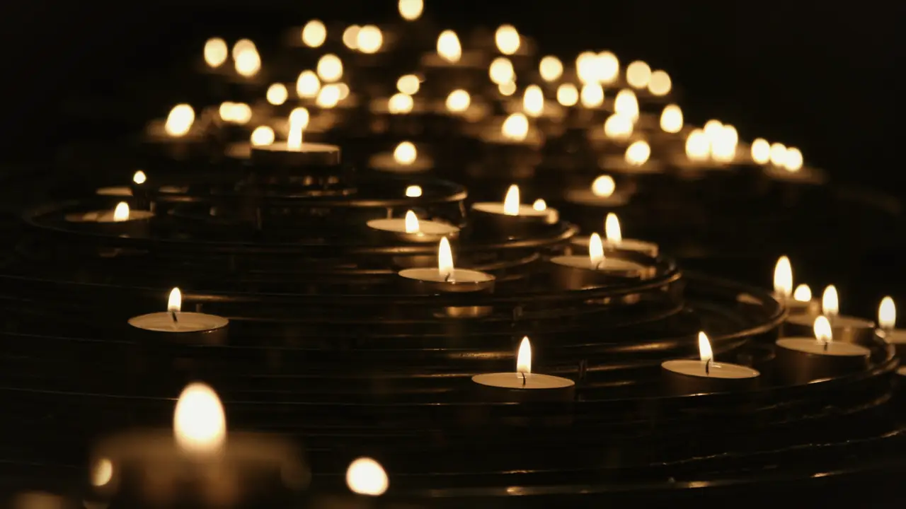A field of small candles glowing softly in the dark