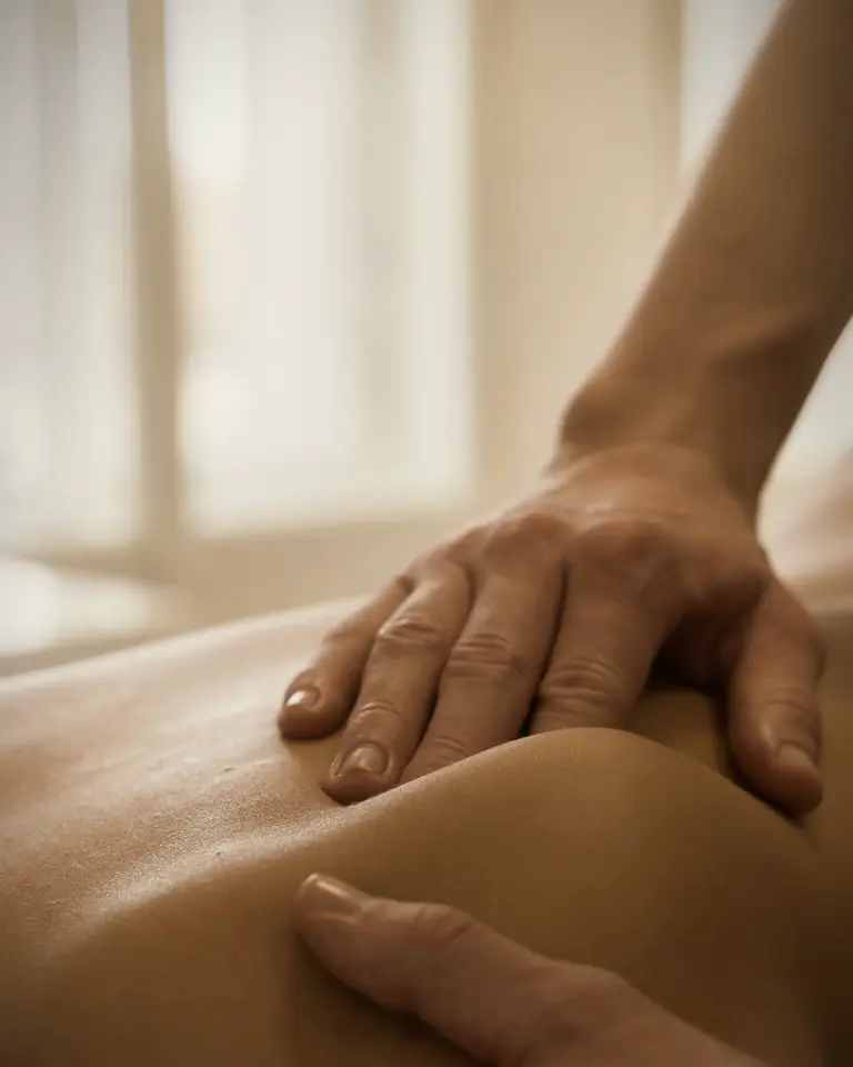 Sports massage in Dubai, firm hands working a client's lower back